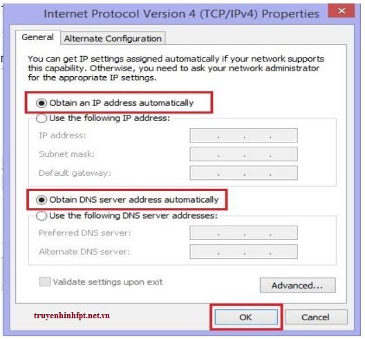 Tùy chọn Obitain an IP address automatically