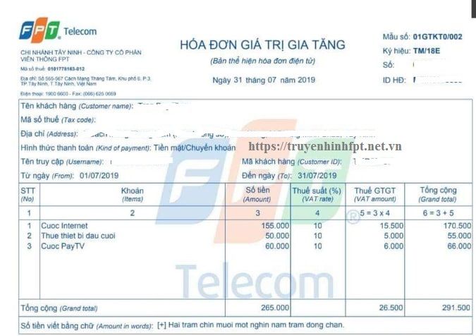 Hóa đơn tiền cước Fpt có tiền thuê thiết bị đầu cuối